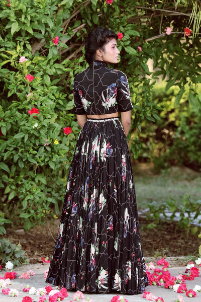 Black crop top, printed skirt set