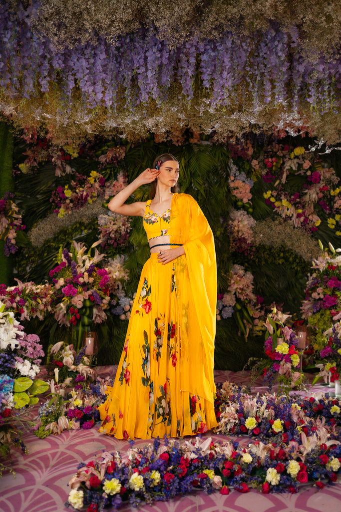 Dandelion Yellow Floral Patchwork Embroidered Lehenga Set – 101 Hues
